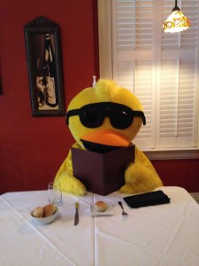 Quacky at Bouquet table
