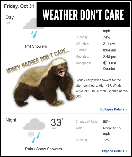 After last year's Halloween night deluge, I feel the Weather owes us this time around. But apparently, like Honey Badger, the Weather don't care.